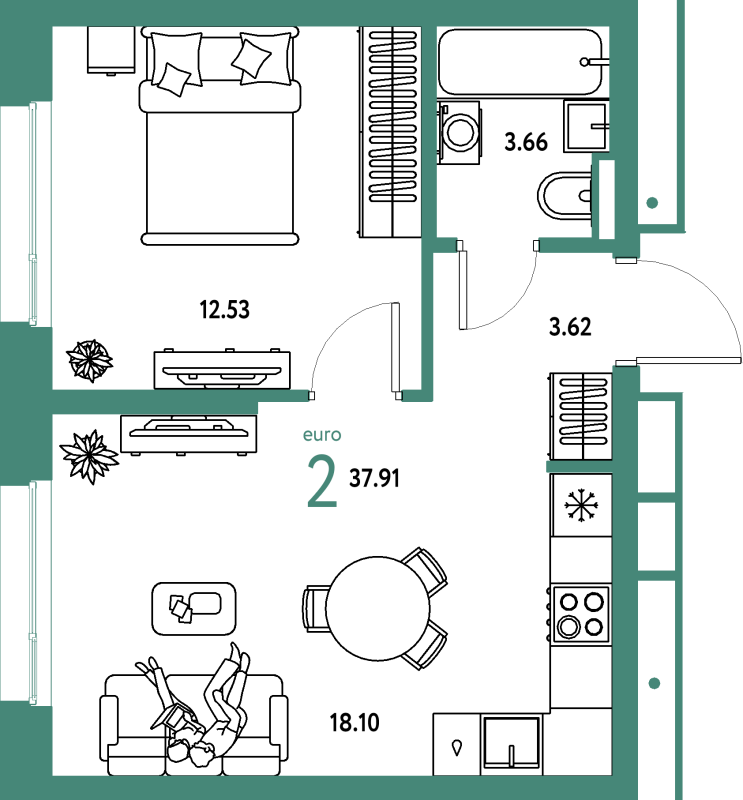 2 ккв (Евро) 37,9 м²