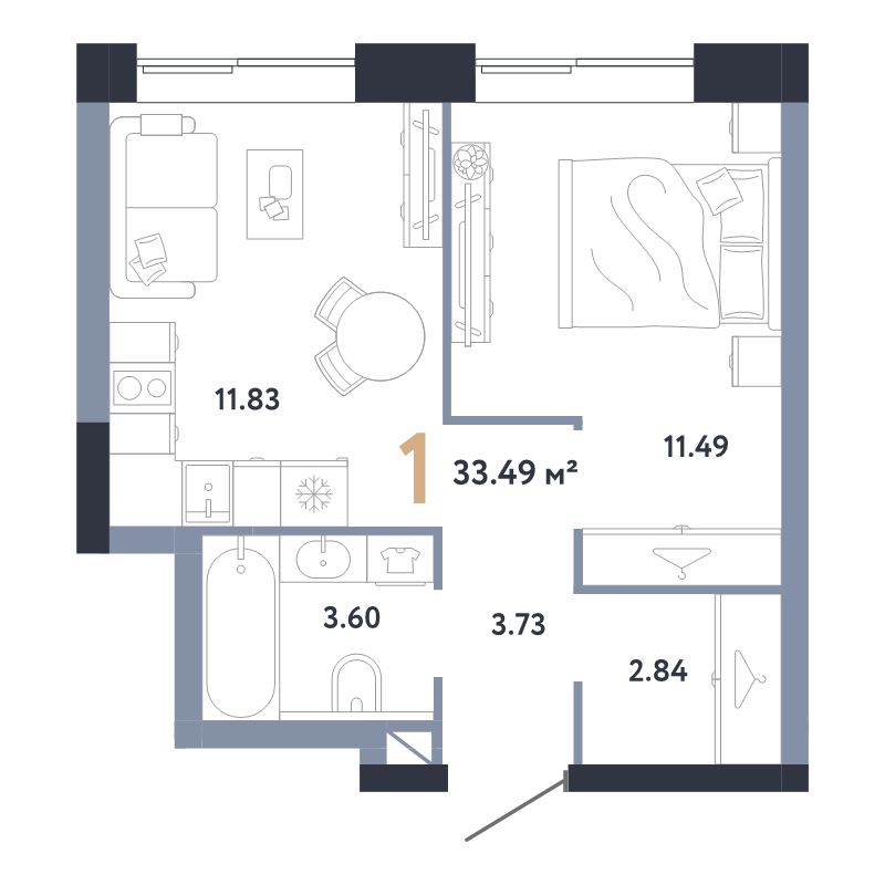 1 ккв 33,5 м²