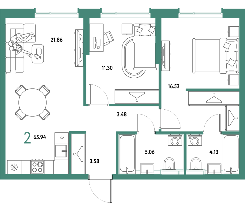 3 ккв (Евро) 65,9 м²