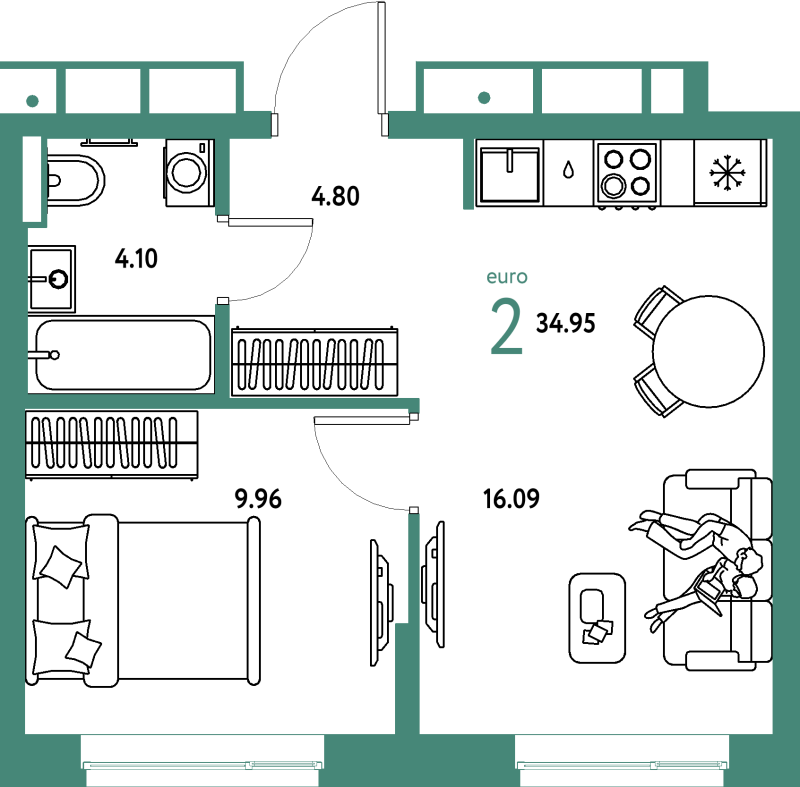 2 ккв (Евро) 35 м²