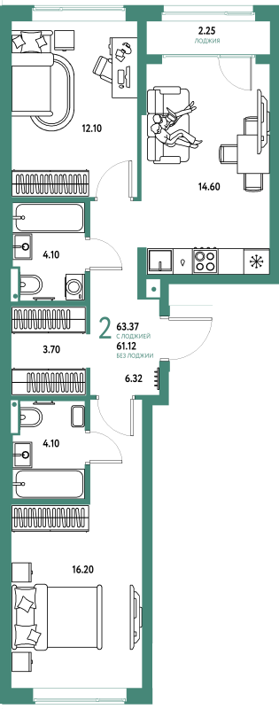 2 ккв 63,4 м²