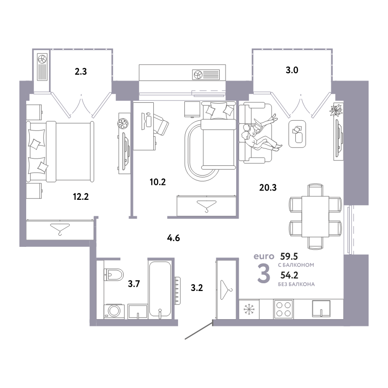 3 ккв (Евро) 59,5 м²