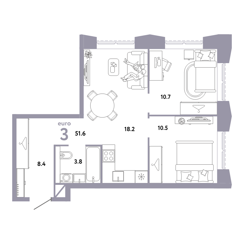 3 ккв (Евро) 51,6 м²