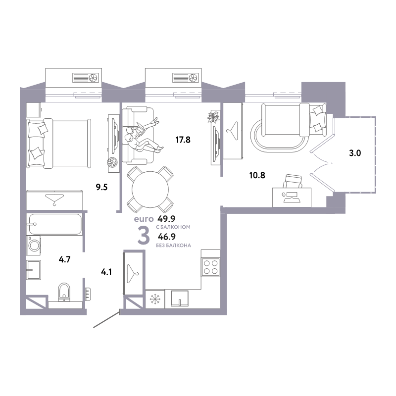 3 ккв (Евро) 49,9 м²