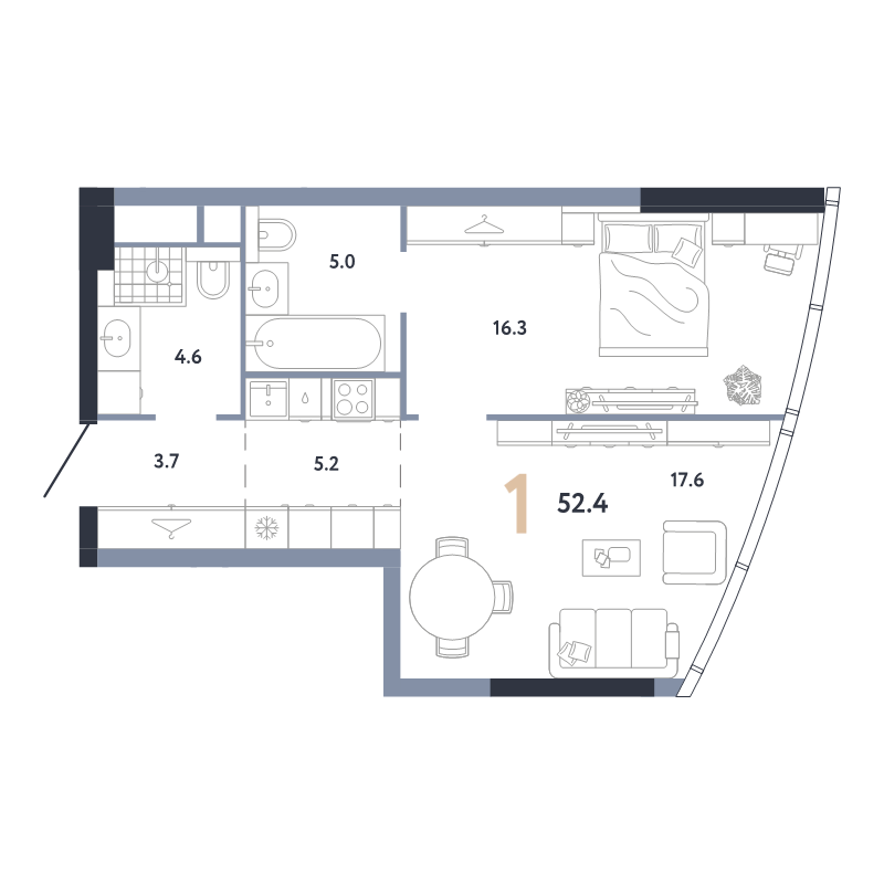 2 ккв (Евро) 52,4 м²