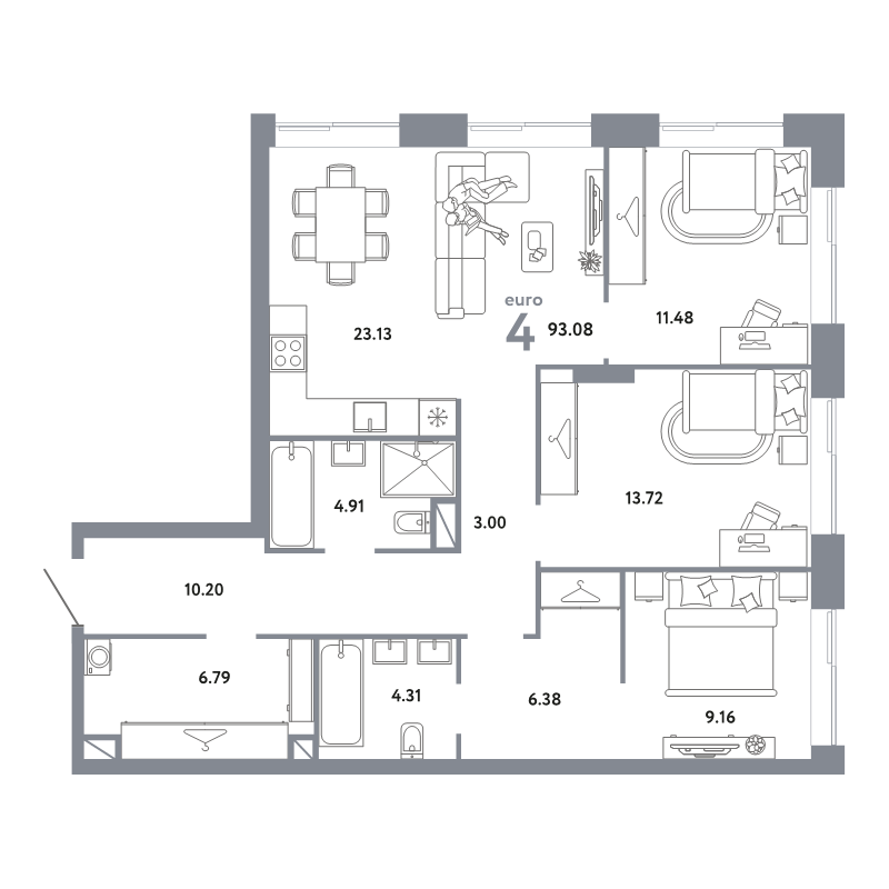 4 ккв (Евро) 93,1 м²