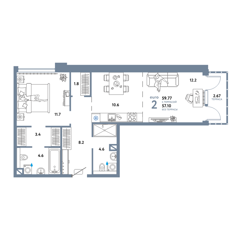 2 ккв (Евро) 62,8 м²