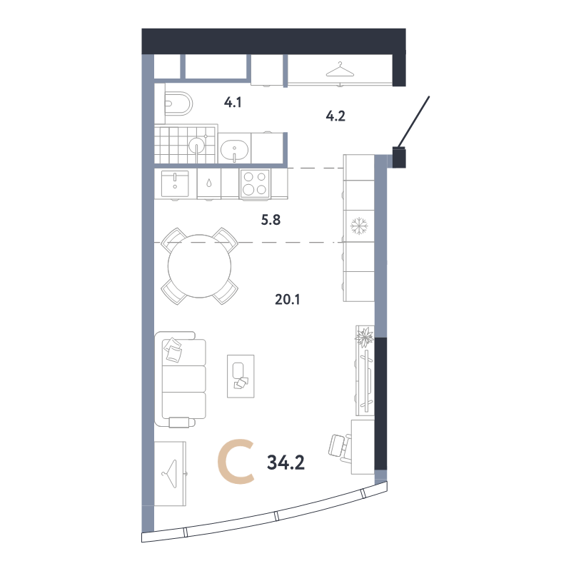 Студия 34,2 м²