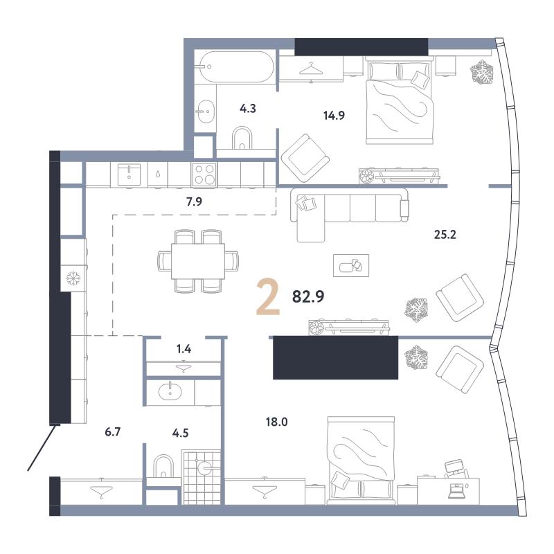 3 ккв (Евро) 82,9 м²