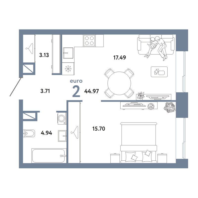 2 ккв (Евро) 45 м²