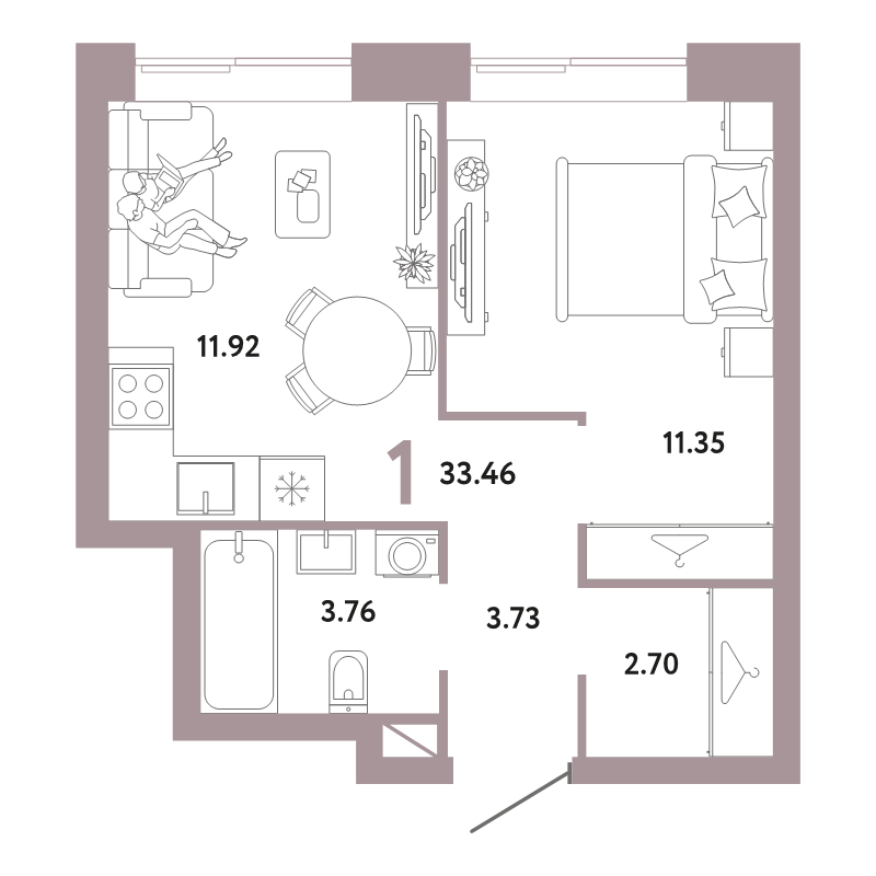 1 ккв 33,5 м²