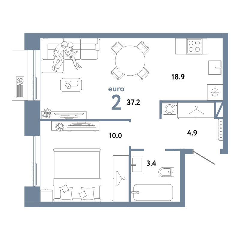 2 ккв (Евро) 37,2 м²
