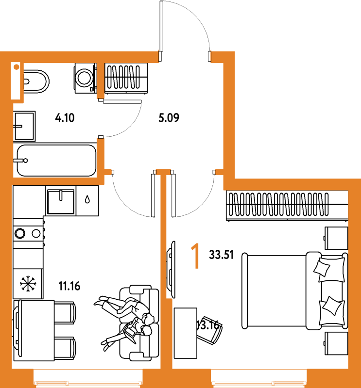 1 ккв 33,5 м²