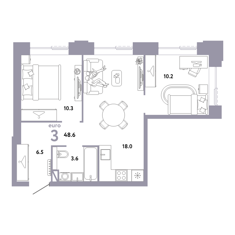 3 ккв (Евро) 48,6 м²