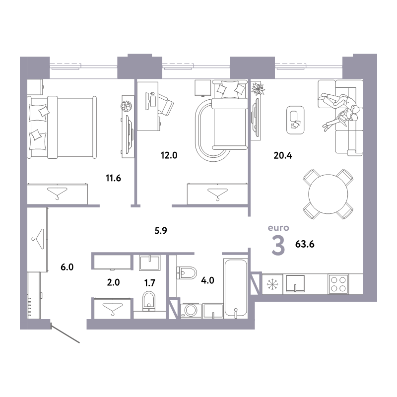 3 ккв (Евро) 63,6 м²