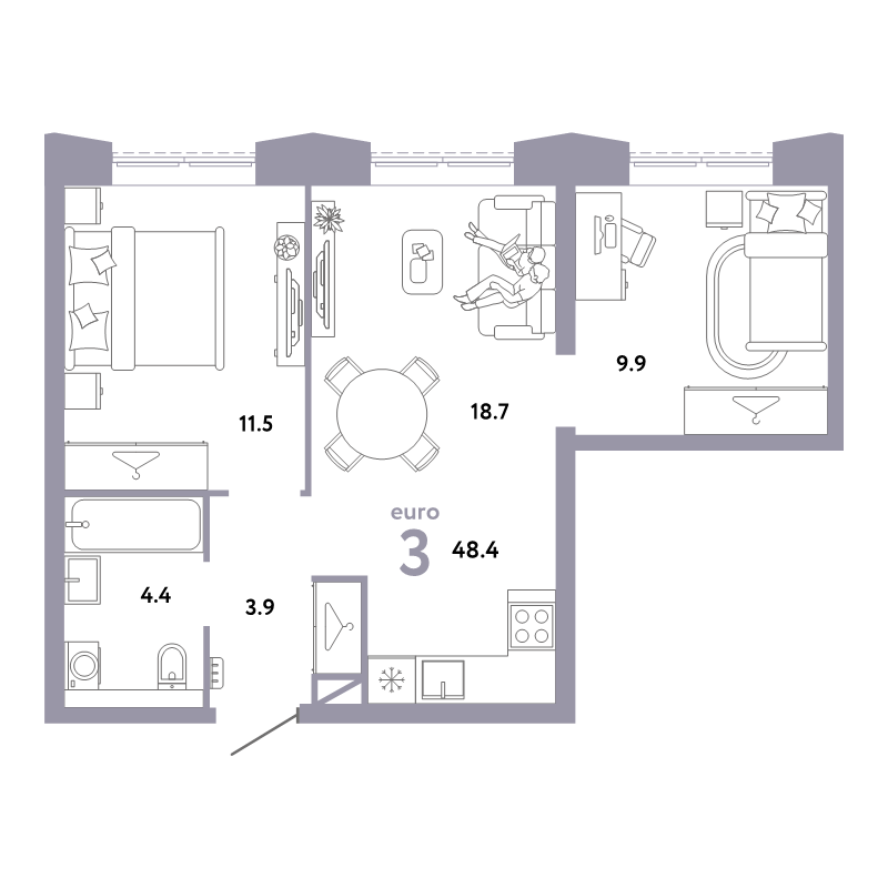 3 ккв (Евро) 48,4 м²