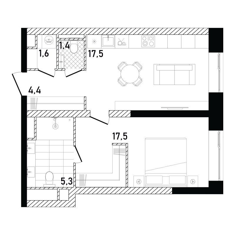 2 ккв (Евро) 47,7 м²
