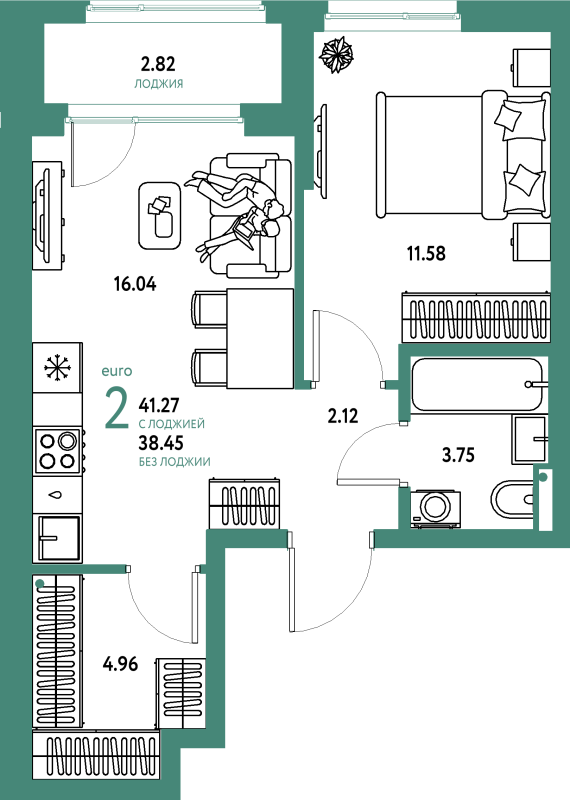 2 ккв (Евро) 41,3 м²
