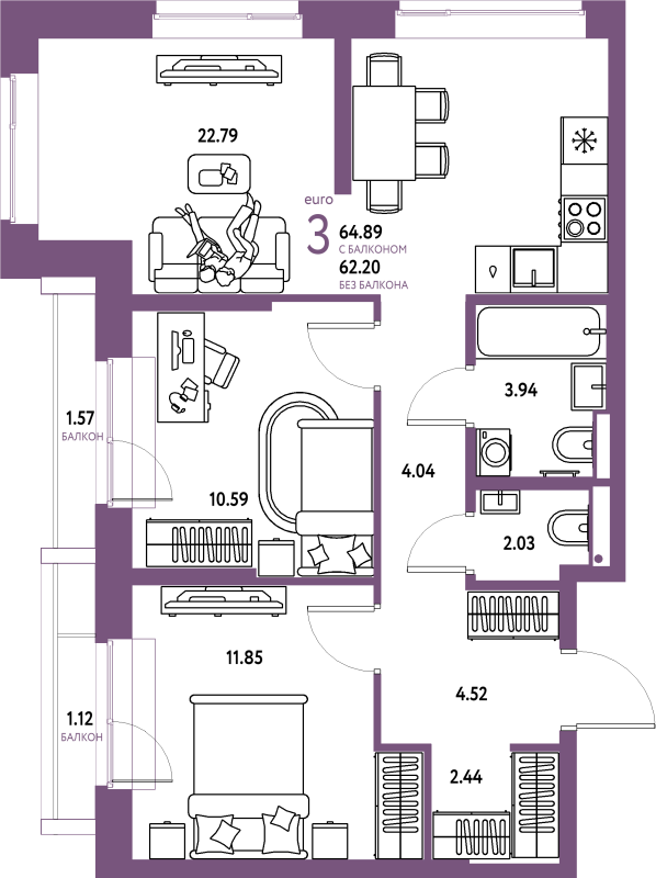 3 ккв (Евро) 64,9 м²
