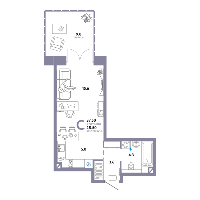Студия 37,5 м²