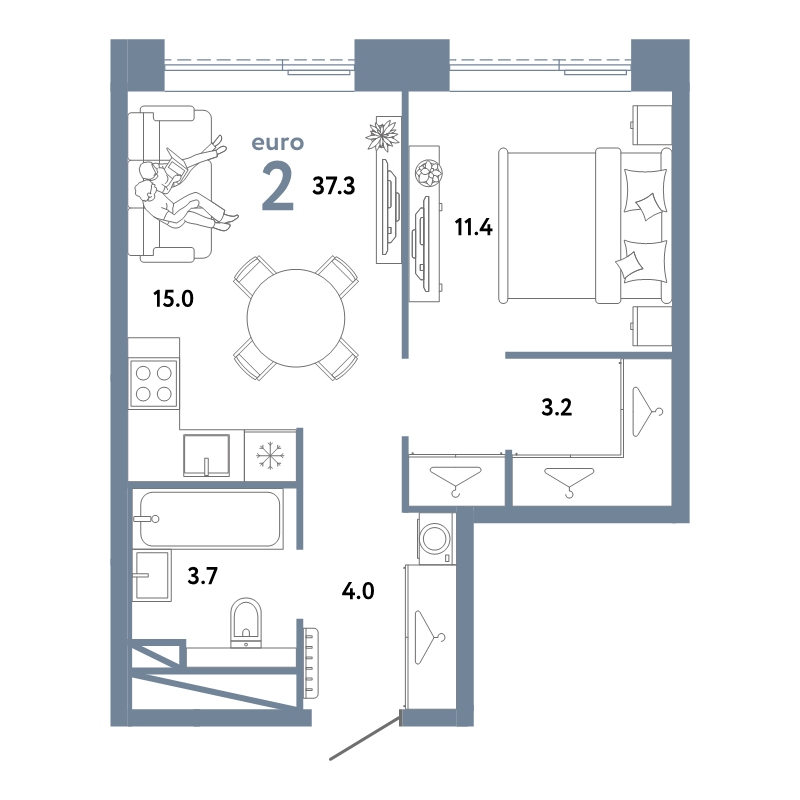2 ккв (Евро) 37,3 м²