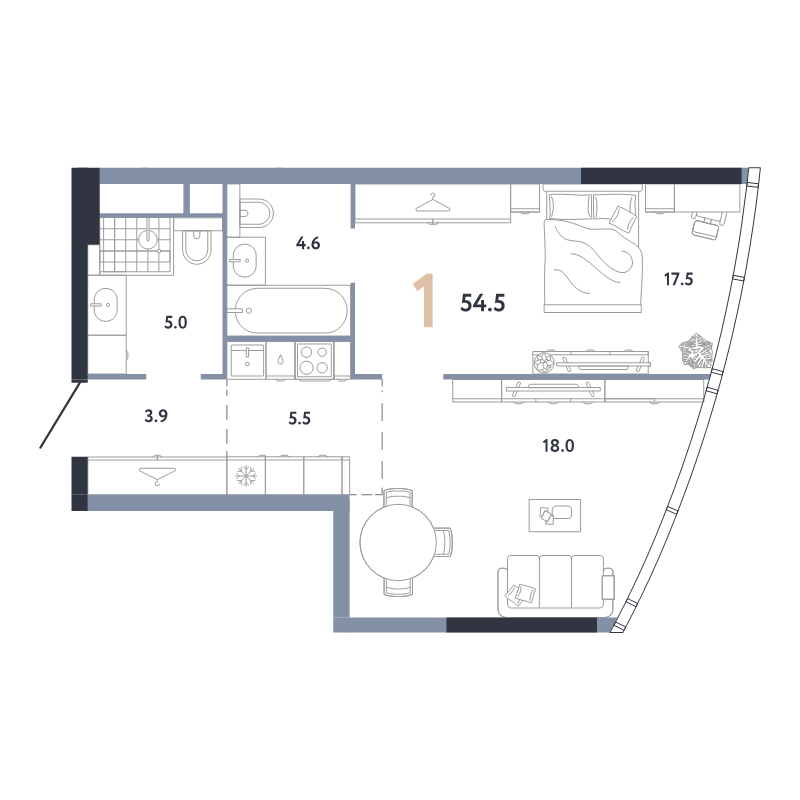 2 ккв (Евро) 54,5 м²