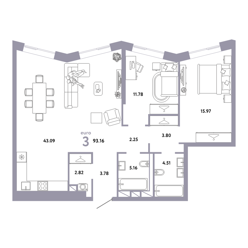 3 ккв (Евро) 93,2 м²