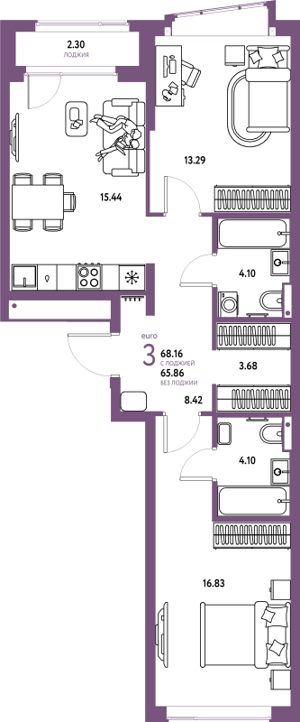 3 ккв (Евро) 68,2 м²