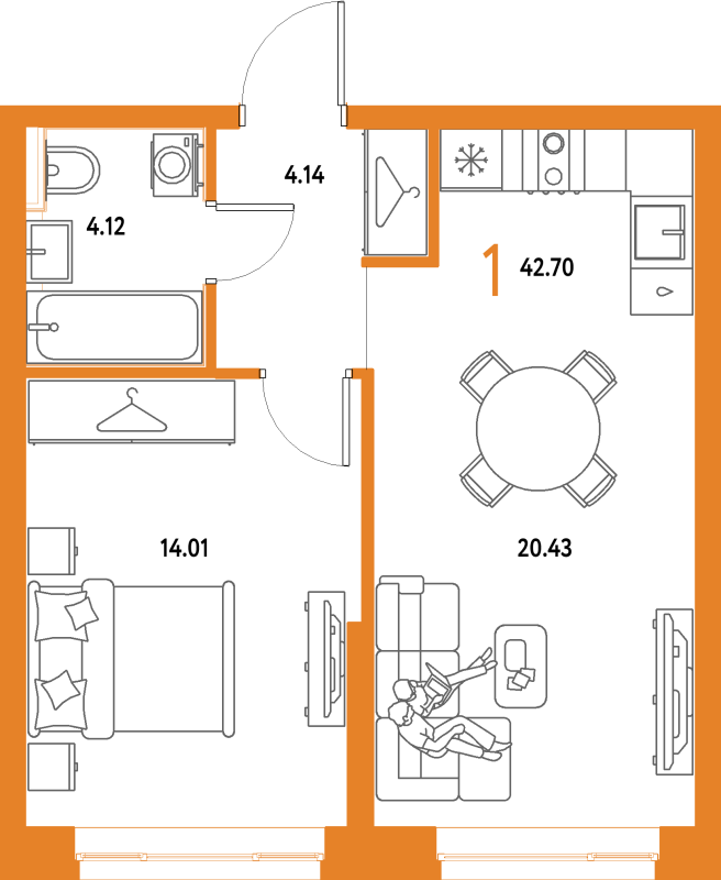 2 ккв (Евро) 42,7 м²
