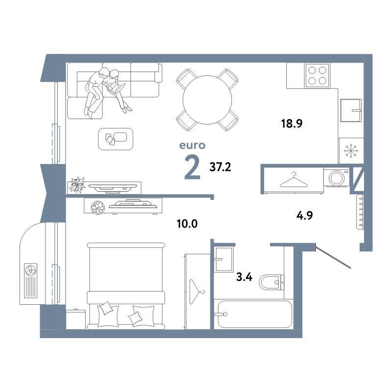 2 ккв (Евро) 37,2 м²