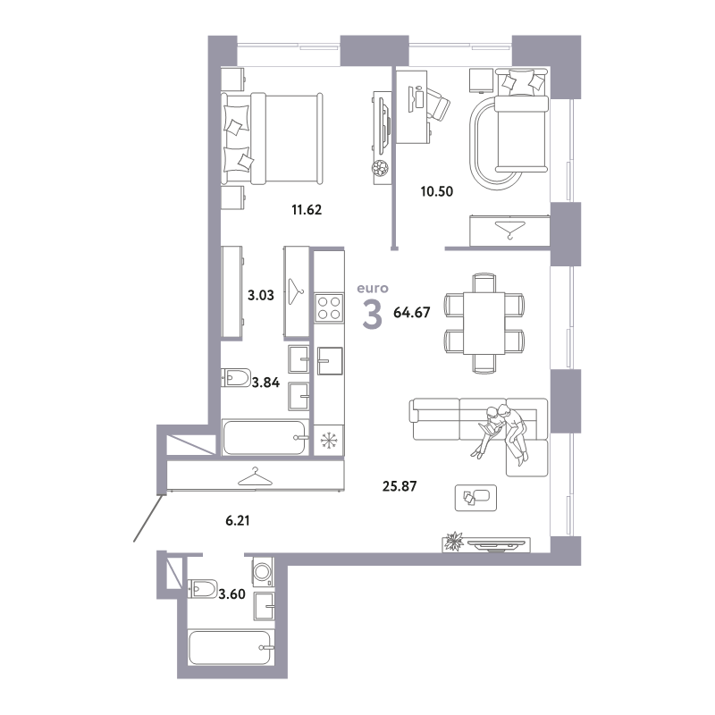3 ккв (Евро) 64,7 м²