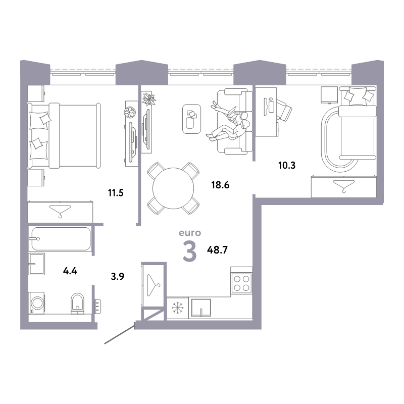3 ккв (Евро) 48,7 м²