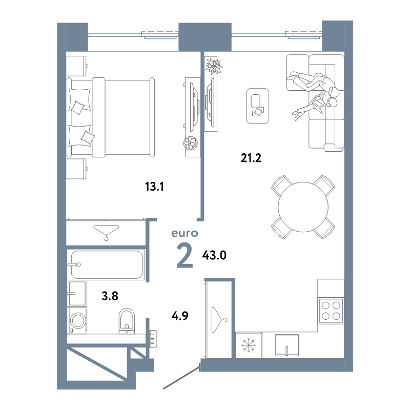 2 ккв (Евро) 43 м²