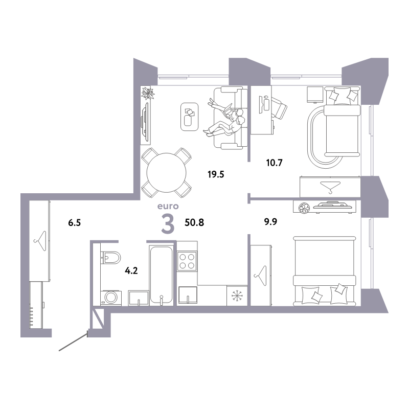 3 ккв (Евро) 50,8 м²