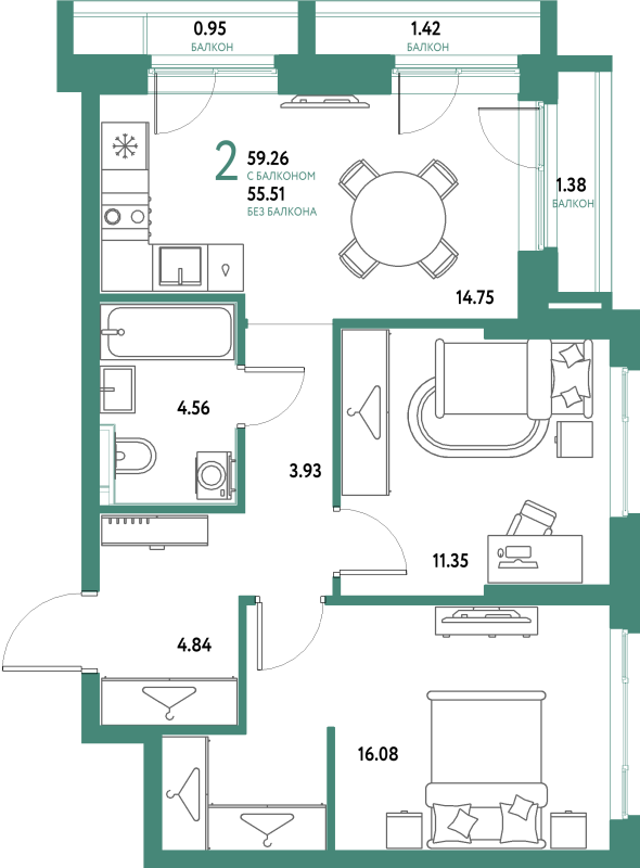 2 ккв 59,3 м²