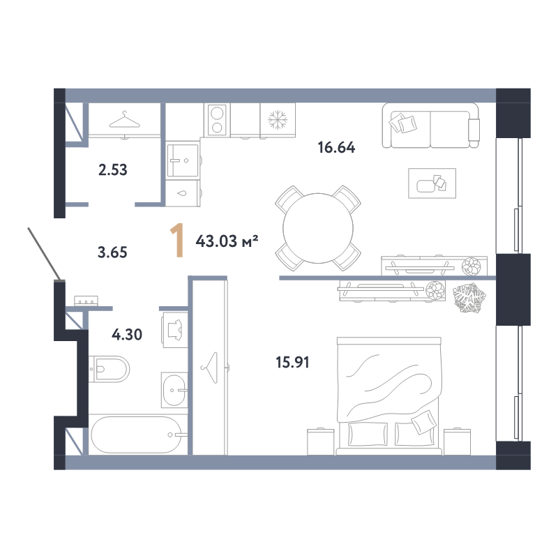 2 ккв (Евро) 43 м²