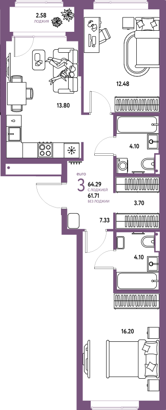 2 ккв 64,3 м²
