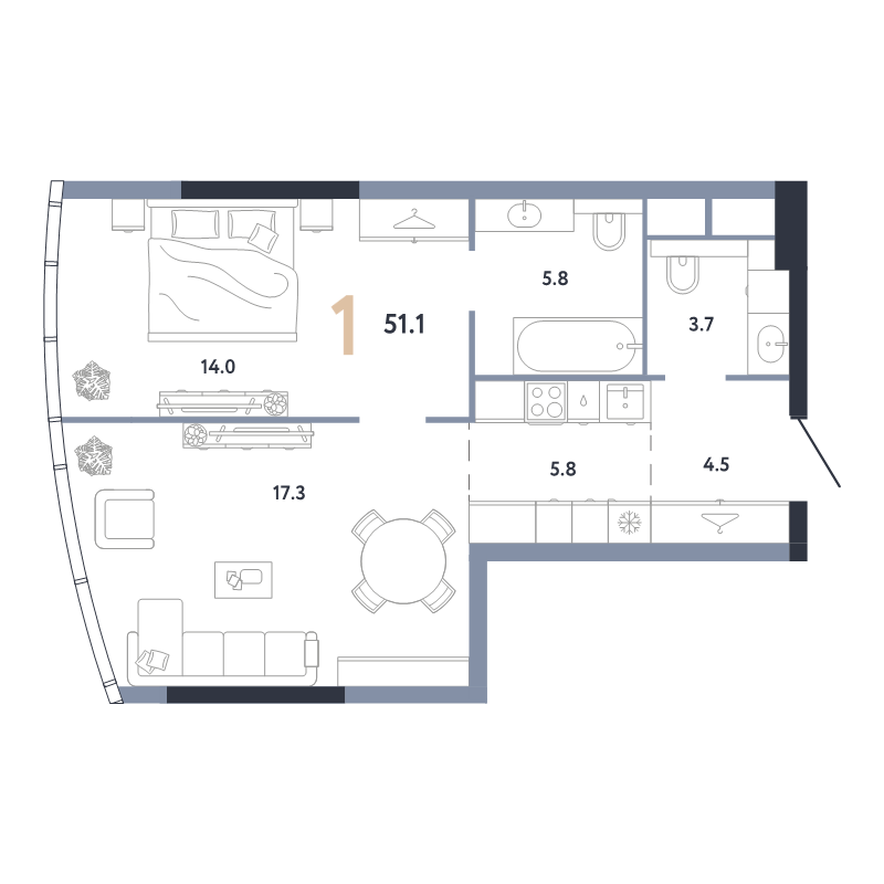 2 ккв (Евро) 51,1 м²