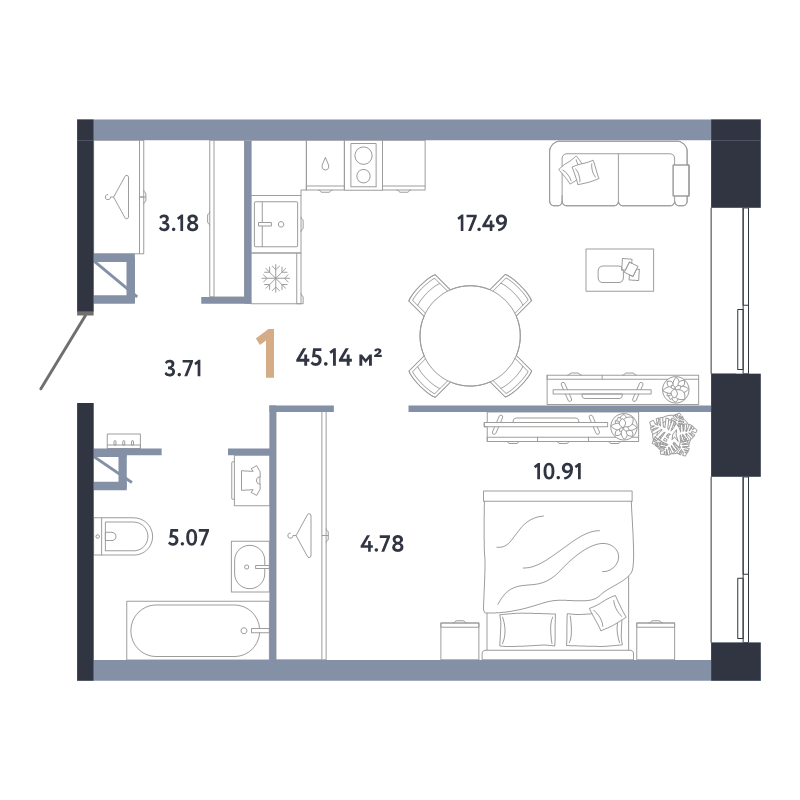 2 ккв (Евро) 45,1 м²