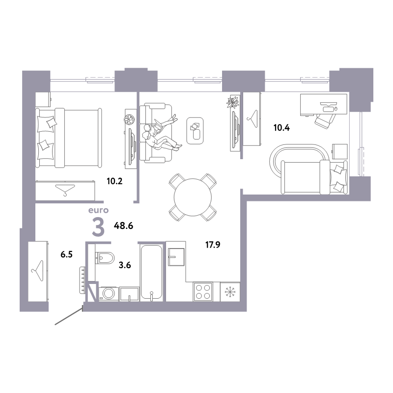 3 ккв (Евро) 48,6 м²
