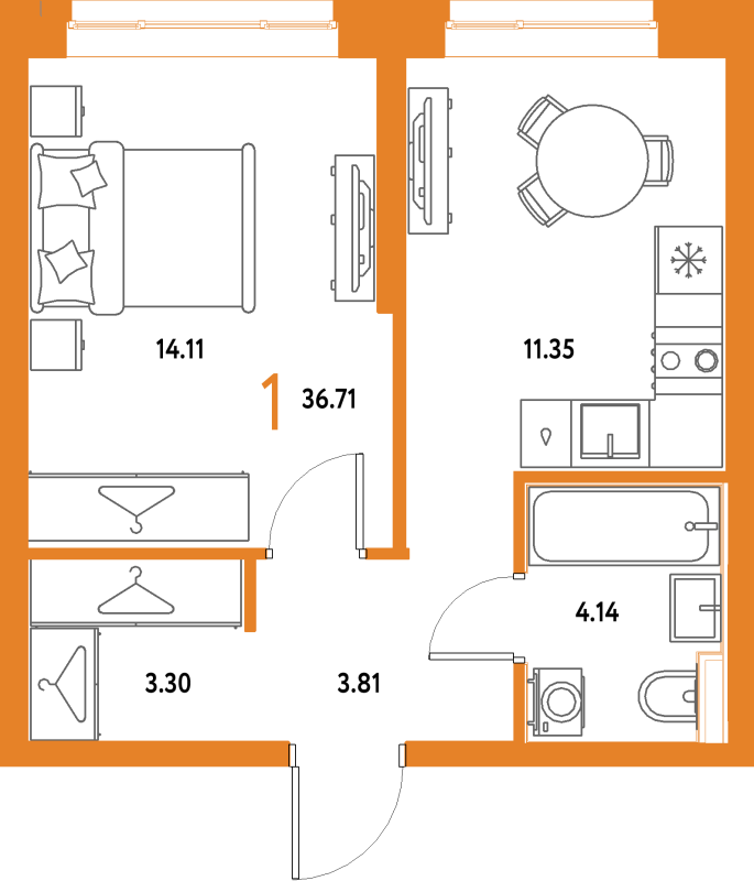 1 ккв 36,7 м²
