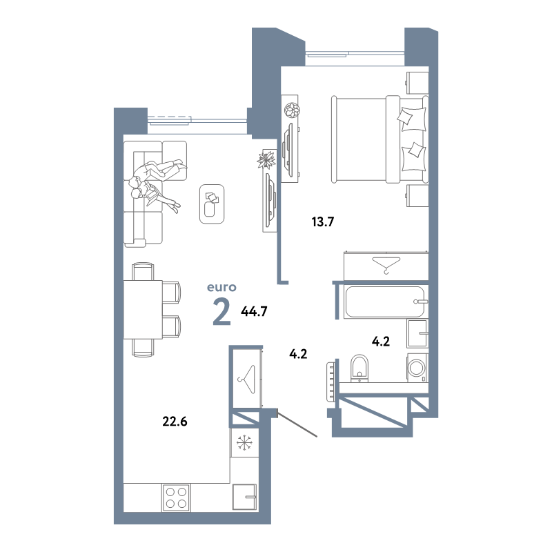 2 ккв (Евро) 44,7 м²