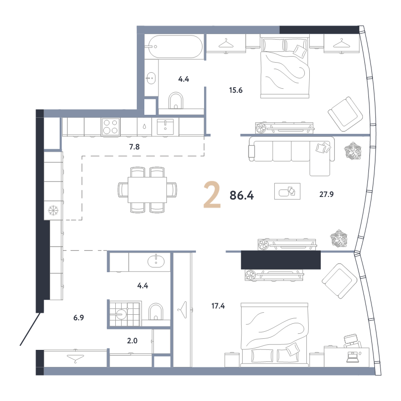 3 ккв (Евро) 86,4 м²