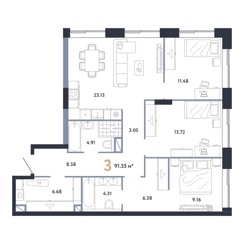 4 ккв (Евро) 91,4 м²