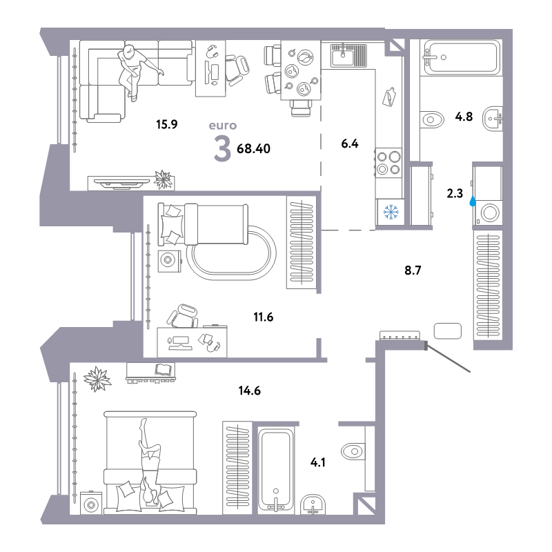 3 ккв (Евро) 68,4 м²