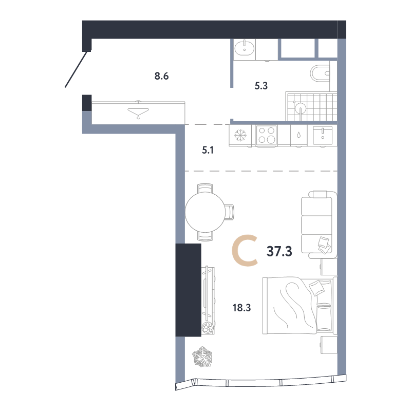 Студия 37,3 м²