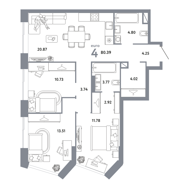 4 ккв (Евро) 80,4 м²