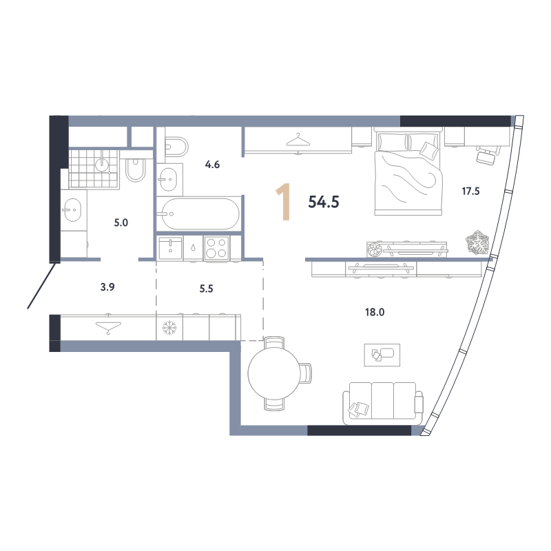 2 ккв (Евро) 54,5 м²