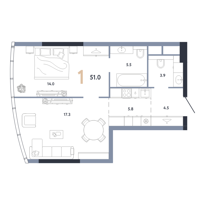 2 ккв (Евро) 51 м²