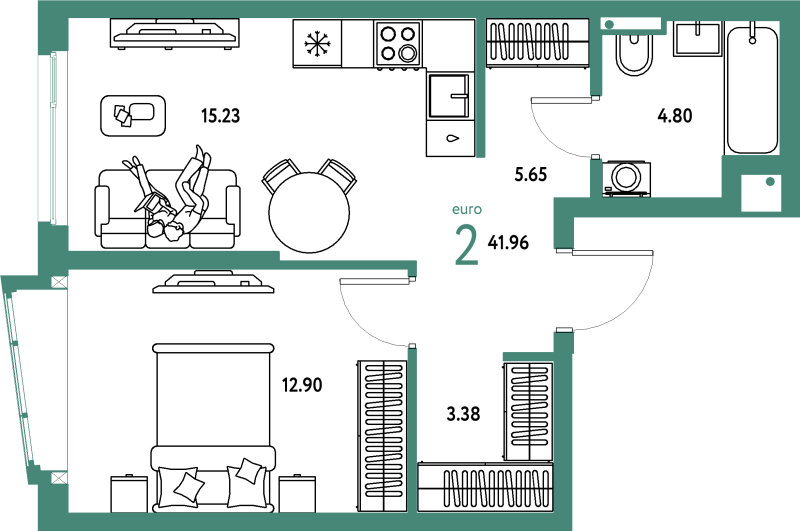 2 ккв (Евро) 42 м²